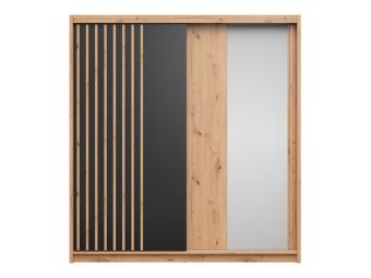 BRW Meble Aura 200 tolóajtós gardróbszekrény - artisan tölgy/fekete/artisan tölgy lamella/tükör Hálószoba