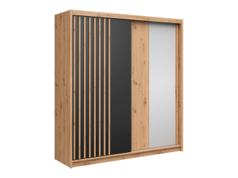 BRW Meble Aura 200 tolóajtós gardróbszekrény - artisan tölgy/fekete/artisan tölgy lamella/tükör Hálószoba