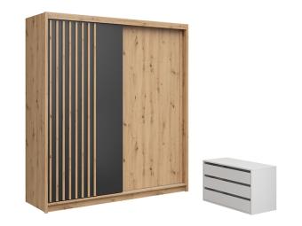 BRW Meble Aura 200 tolóajtós gardróbszekrény konténerrel - artisan tölgy/fekete Hálószoba