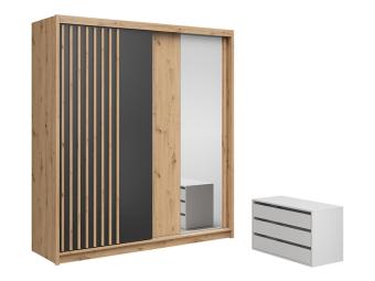 BRW Meble Aura 200 tolóajtós gardróbszekrény konténerrel - artisan tölgy/fekete/artisan tölgy lamella Hálószoba