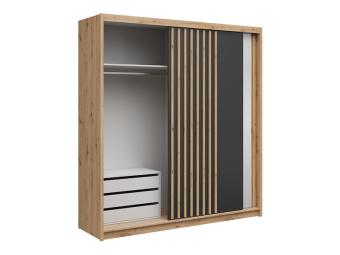 BRW Meble Aura 200 tolóajtós gardróbszekrény konténerrel - artisan tölgy/fekete/artisan tölgy lamella Hálószoba
